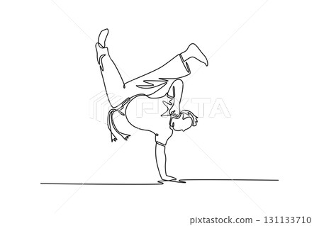 Single one line drawing man demonstrating incredible strength and balance while performing challenging, one-handed handstand, move of Capoeira. Continuous line draw design graphic vector illustration 131133710