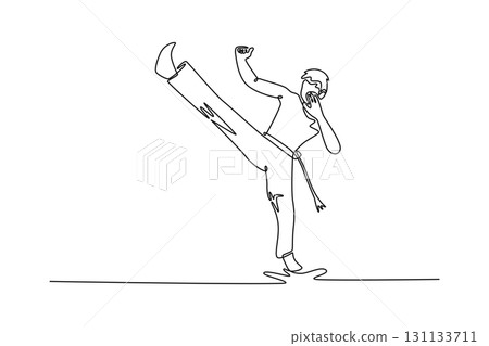 Single one line drawing active man delivers powerful high kick while shouting, highlights the action, energy, and intensity of Capoeira. Modern continuous line draw design graphic vector illustration 131133711