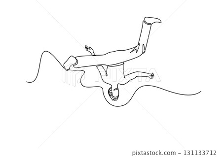 Single one line drawing man executing powerful ground-based Capoeira move, with their body inverted and one leg raised, acrobatic martial arts. Continuous line draw design graphic vector illustration 131133712