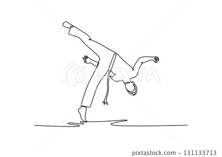 Single one line drawing active male in a dynamic Capoeira pose, highlighting the fluidity, acrobatics, and power of martial arts dance. Modern continuous line draw design graphic vector illustration 131133713