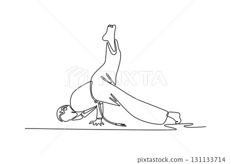 Single one line drawing man performing challenging Capoeira move, balancing on their hands with one leg extended, showcasing strength and grace. Continuous line draw design graphic vector illustration 131133714