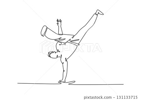 Continuous one line drawing man athlete in dynamic handstand, balancing on one hand with bent knees in fluid Capoeira pose that emphasizes strength. Single line draw design vector graphic illustration 131133715