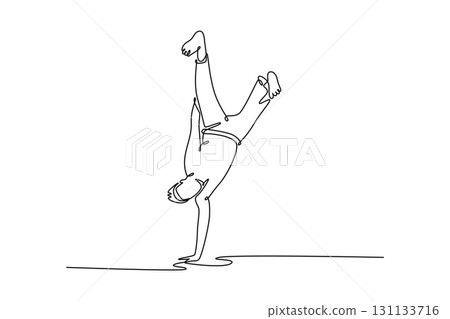 Continuous one line drawing attractive male performing one-handed handstand, core acrobatic move of Capoeira balance, control, and immense strength. Single line draw design vector graphic illustration 131133716