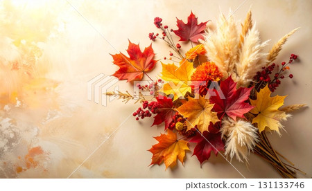 Autumn leaves and dried flowers: a warm autumn background 131133746