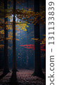 Moonlit autumn forest and fallen leaves 131133839