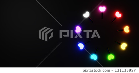 Colorful heart-shaped penlights on a black background. Bird's-eye view. Copy space. 3D (landscape). Colorful heart-shaped penlights on a black background. Bird's-eye view. Copy space. 3D (landscape). 131133957