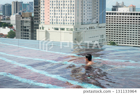 Man swimming in infinity roof top pool. Man swimming in infinity roof top pool. 131133964