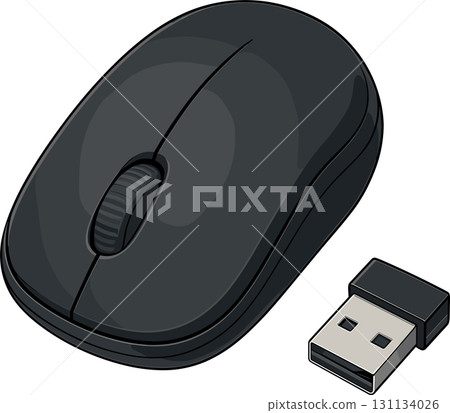 Illustration of a wireless mouse and USB receiver 131134026