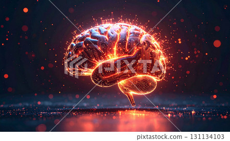 Glowing AI Brain Made of Circuit Lines on Black AI themed Background. Generated Image Glowing AI Brain Made of Circuit Lines on Black AI themed Background. Generated Image 131134103