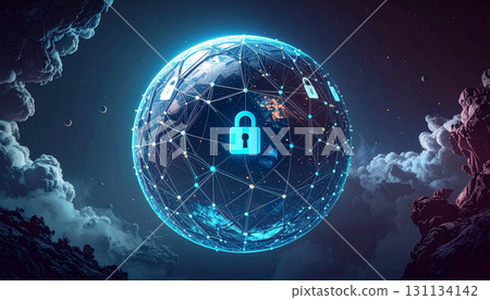 Encrypted Neural Net Sphere Floating in Dark Fog. AI themed Background. Generated Image 131134142