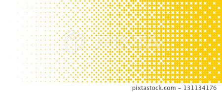Yellow bitmap gradient texture. Fading pixelated 8 bit gradation pattern. Raster video game halfton patern. Repeating dotted dither halftone background. Vector degrading comic pop art overlay backdrop 131134176