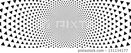 Triangle optical illusion background. Black and white hypnotic rotating triangles surface. Spinning spiral arrow poster design. Abstract trippy illusion wallpaper for banner, template design. Vector 131134177