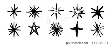 Black crayon hand drawn stars and sparkles set. Grunge rough brush stroke shine element pack for collage, poster, sticker, label. Childish doodle sparks collection. Sketched pencil asterisks. Vector 131134181