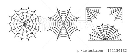 Black line spider web set. Simplified cobweb corner collection. Halloween frame and borders elements for banner, poster, decoration. Linear spooky tangled net bundle. Vector Haloween pack Black line spider web set. Simplified cobweb corner collection. Halloween frame and borders elements for banner, poster, decoration. Linear spooky tangled net bundle. Vector Haloween pack 131134182