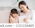 Mother and 3-year-old girl tablet 131134465