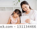 Mother and 3-year-old girl tablet 131134466