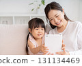 Mother and 3-year-old girl tablet 131134469
