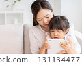 Mother and 3-year-old girl tablet 131134477