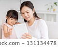 Mother and 3-year-old girl tablet 131134478