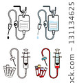 Pictogram icon style illustration of medical hanging drip and blood collection equipment (blood collection tubes, containers, syringes, needles, etc.) 131134625