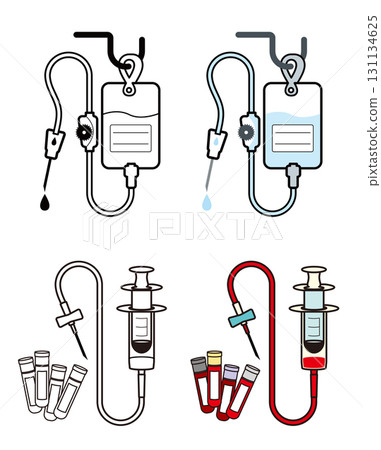 醫用吊點滴和採血設備（採血管、容器、注射器、針頭等）的象形圖示風格插圖 131134625