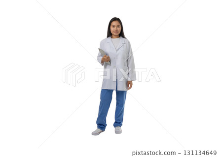 Health worker in coat and scrubs, clipboard, isolated on white, PNG 131134649