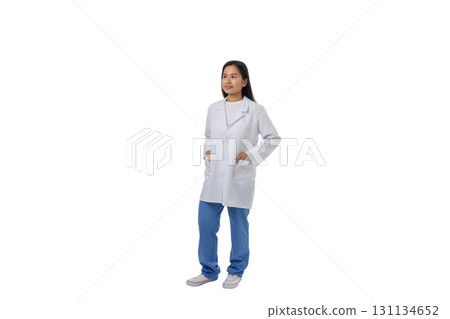 Young doctor stands confidently wearing a lab coat, isolated, PNG 131134652