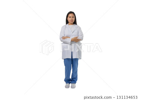 Doctor in scrubs and lab coat, confident, isolated on white, PNG 131134653