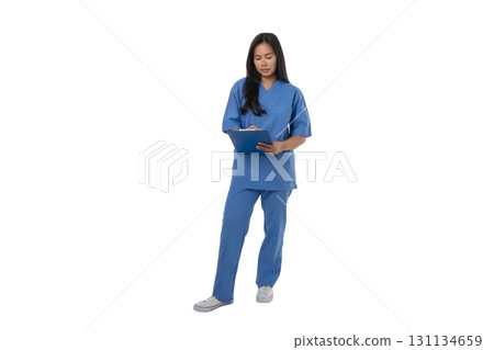 Doctor in scrubs records patient info, isolated on white, PNG Doctor in scrubs records patient info, isolated on white, PNG 131134659