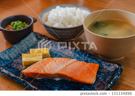 Japanese breakfast: grilled salmon and omelet Japanese breakfast: grilled salmon and omelet 131134898