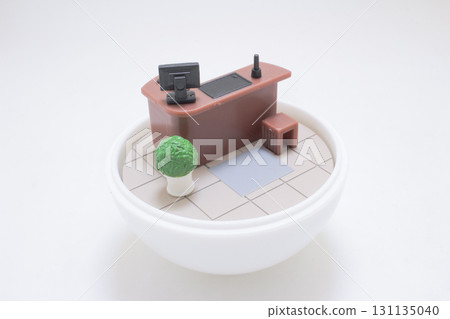 Miniature Office Desk Scene With Computer, Chair, And Tree 131135040