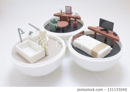 Miniature Room Scenes In Bowls Showcasing Home Office Bedroom Living Room And Bathroom Decor Miniature Room Scenes In Bowls Showcasing Home Office Bedroom Living Room And Bathroom Decor 131135048