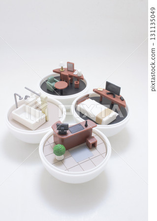 Miniature Room Scenes In Bowls Showcasing Home Office Bedroom Living Room And Bathroom Decor 131135049