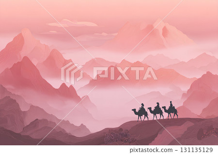Camels and travelers on the Silk Road desert mountains, sunset, fog and clouds in the background 131135129
