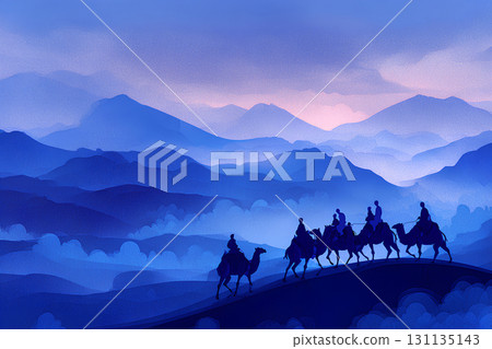 Traveling the Silk Road. Camel trip with desert mountains in the background 131135143