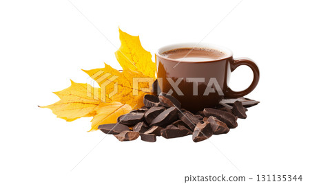 Coffee, dark chocolate, yellow leaves, created with AI, PNG 131135344