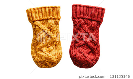 Two cozy knitted socks in orange and red, created with AI, PNG 131135346