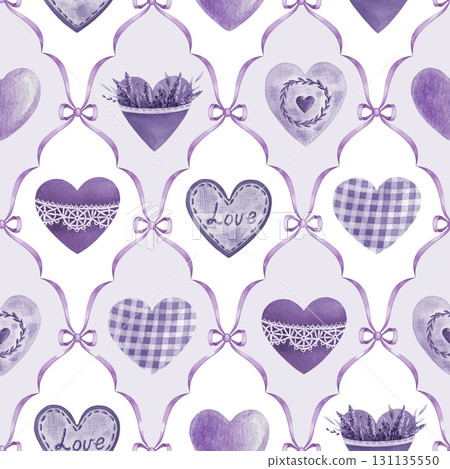 Valentine Day seamless pattern tile order design in lavender color. Hand drawn heart elements vintage style watercolor illustration. Perfect for romantic designs, holiday decor, gift wrapping paper 131135550