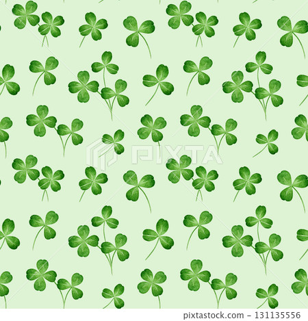 Clover leaf on green background seamless pattern design element. Hand drawn shamrock leaves watercolor illustration floral decoration. Perfect for Irish theme design, paper wrapping 131135556