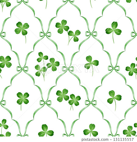 Shamrock leaves on tile background seamless pattern elegant design element. Hand drawn green clover leaf elegant pattern watercolor illustration floral decoration. 131135557