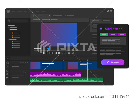 AI in video editing software user friendly interface with timeline video preview and sidebar for AI powered tasks artificial intelligence UI user interface AI in video editing software user friendly interface with timeline video preview and sidebar for AI powered tasks artificial intelligence UI user interface 131135645