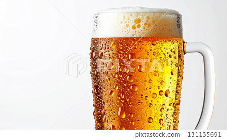 Photorealistic glass of golden beer with frothy head and condensation, refreshing beverage concept isolated on white background 131135691