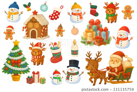 Cute Christmas illustration set: snowman, reindeer, Santa Claus, tree, gift, gingerbread 131135759