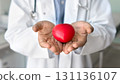 Closeup medical professional in white coat offering heart in hands 131136107