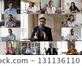 Smiling diverse businesspeople engaged in virtual collaboration, collage 131136110