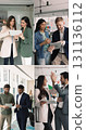 Teammates working together using digital tablets, vertical collage view 131136112