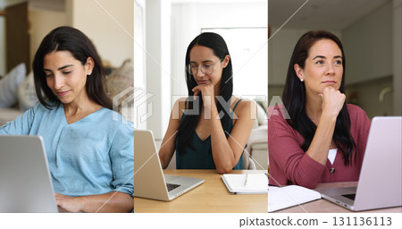 Collage view of three multinational young women using laptops Collage view of three multinational young women using laptops 131136113