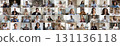 Virtual meeting event with numerous participants arranged in wide collage 131136118