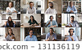 Group of different people participate in videocall, collage faces view 131136119