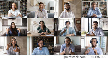 Group of different people participate in videocall, collage faces view 131136119